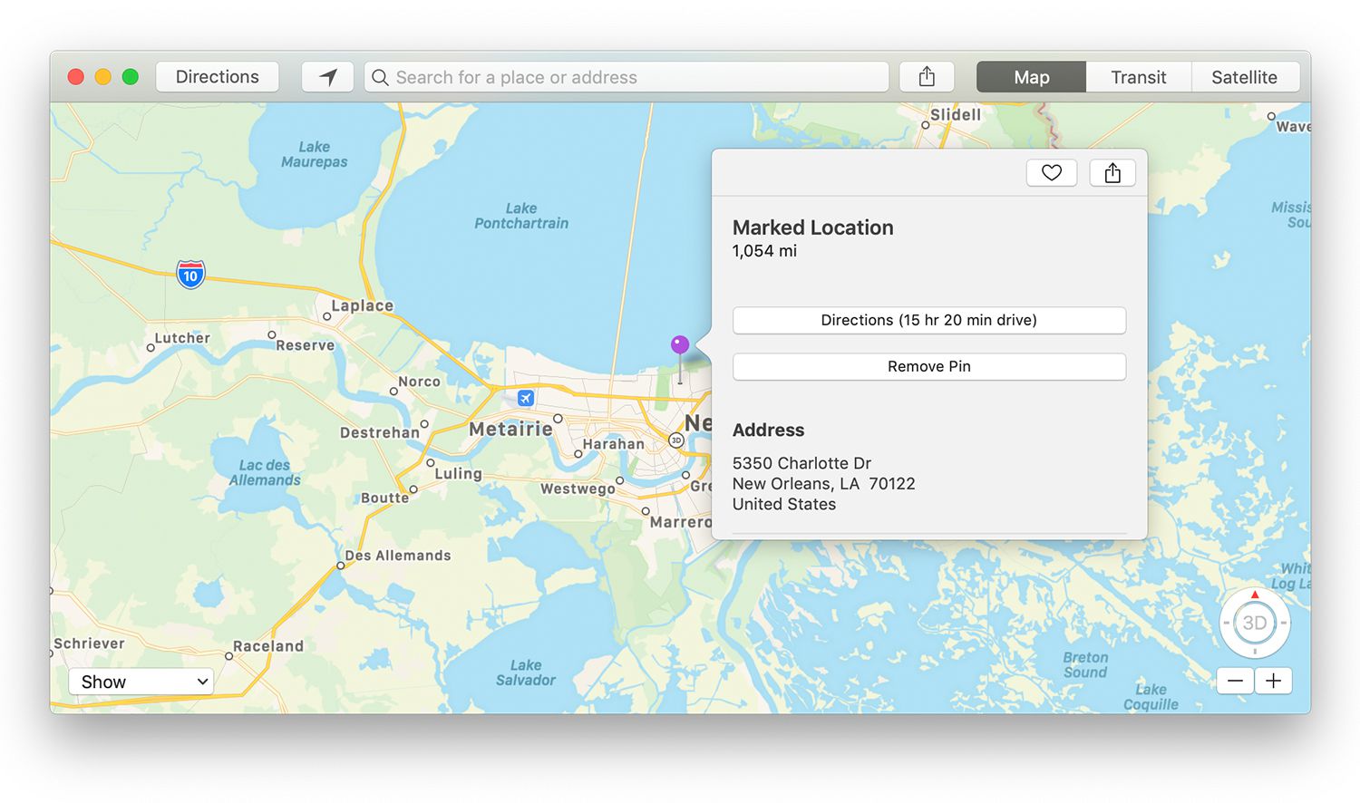 Tela de informações de localização marcada no aplicativo Mac Maps