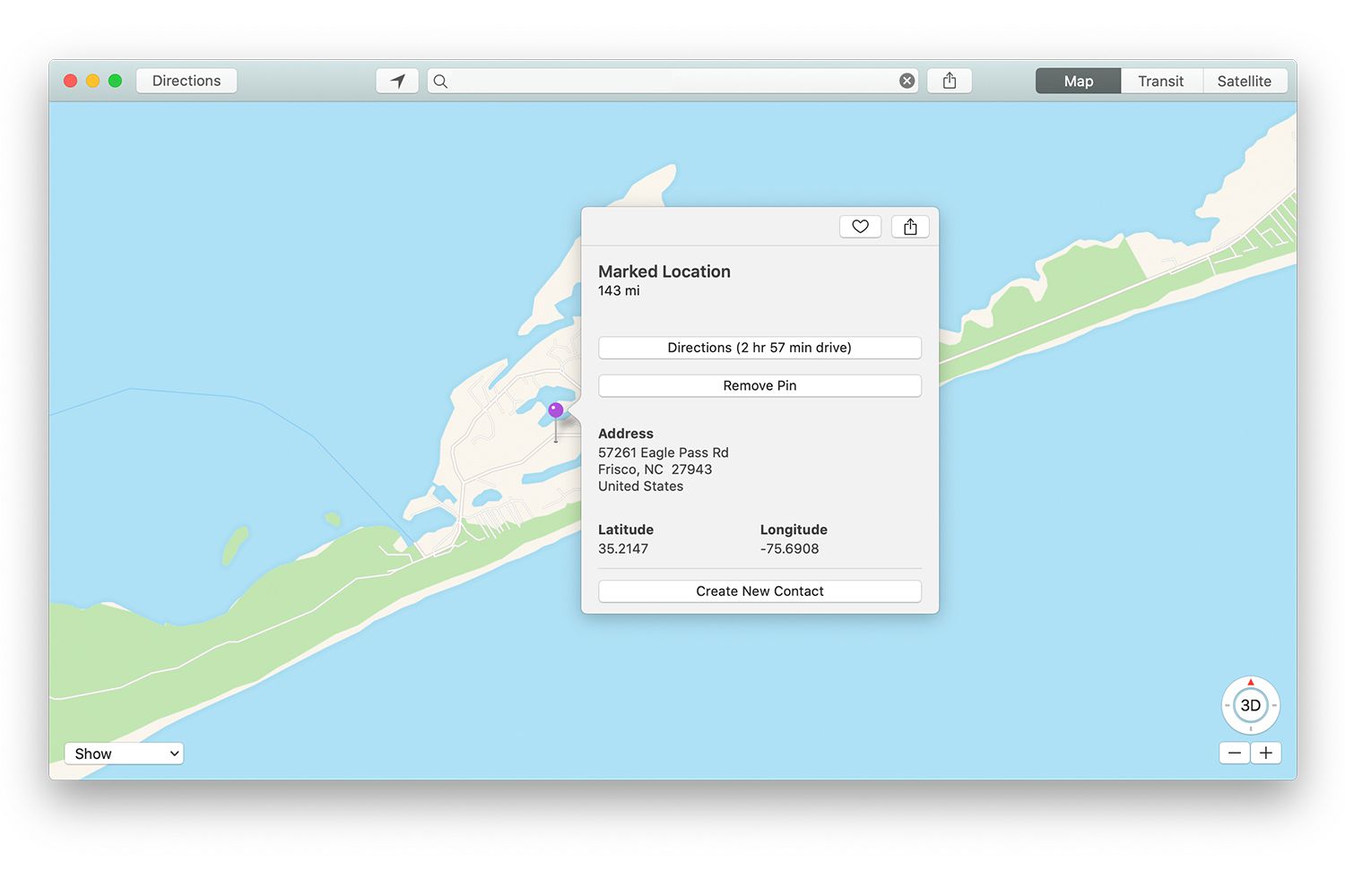 Tela de informações para alfinetes caídos no Mac Maps