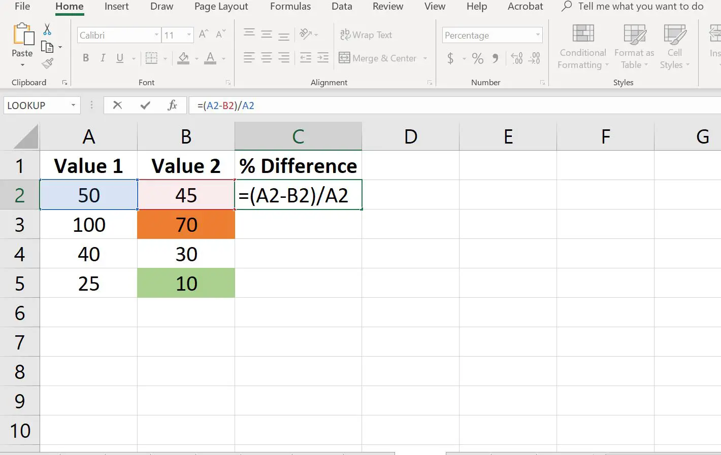 Uma captura de tela de uma planilha do Excel com uma fórmula na célula C2.