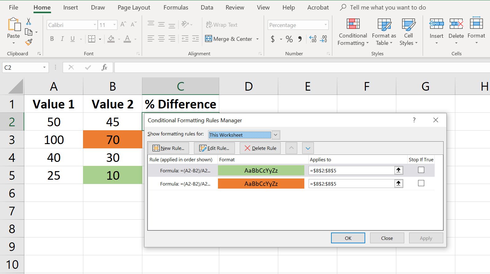 Uma captura de tela da caixa de diálogo Gerenciador de Regras de Formatação Condicional do Excel.