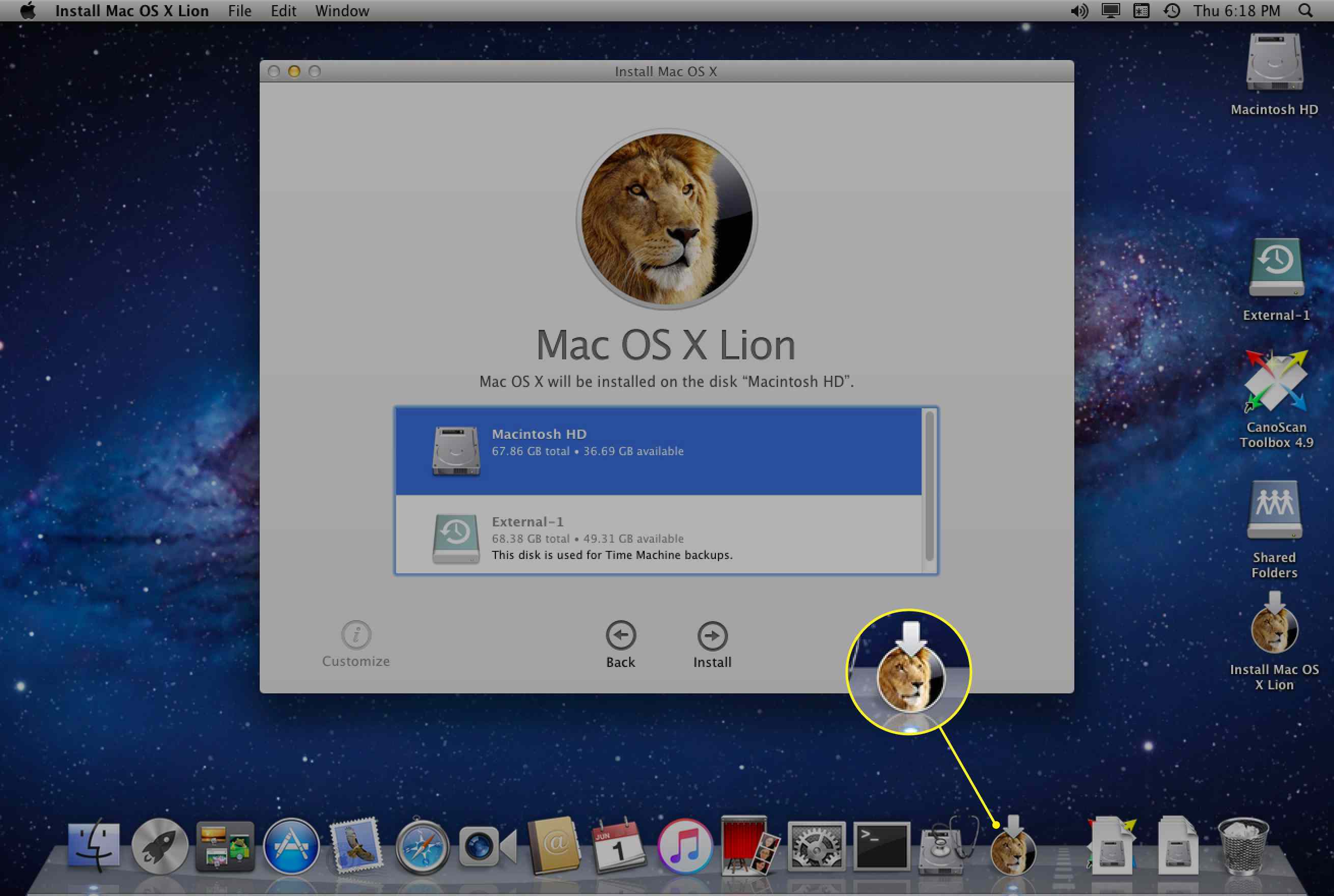 Ícone de instalação do Lion no Mac Dock