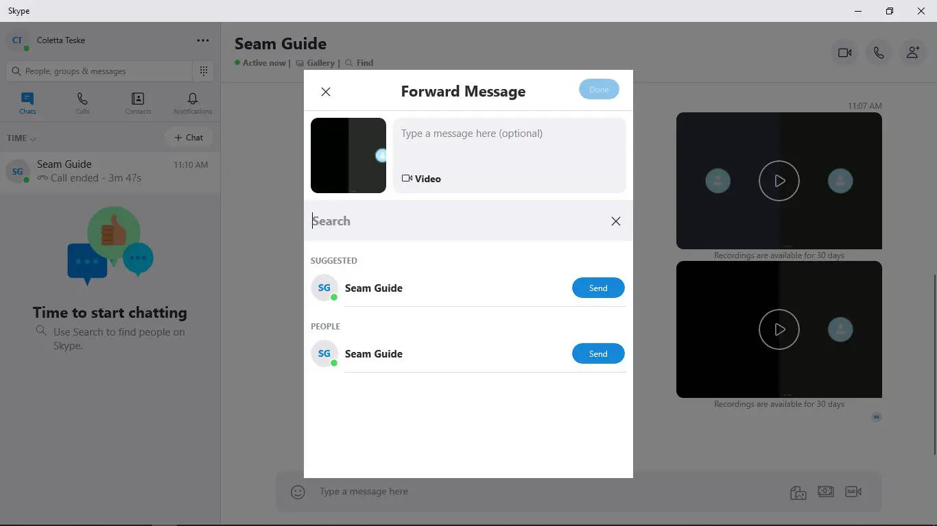 Uma captura de tela da janela Encaminhar mensagem no Skype mostrando onde selecionar as pessoas com quem compartilhar uma chamada do Skype gravada
