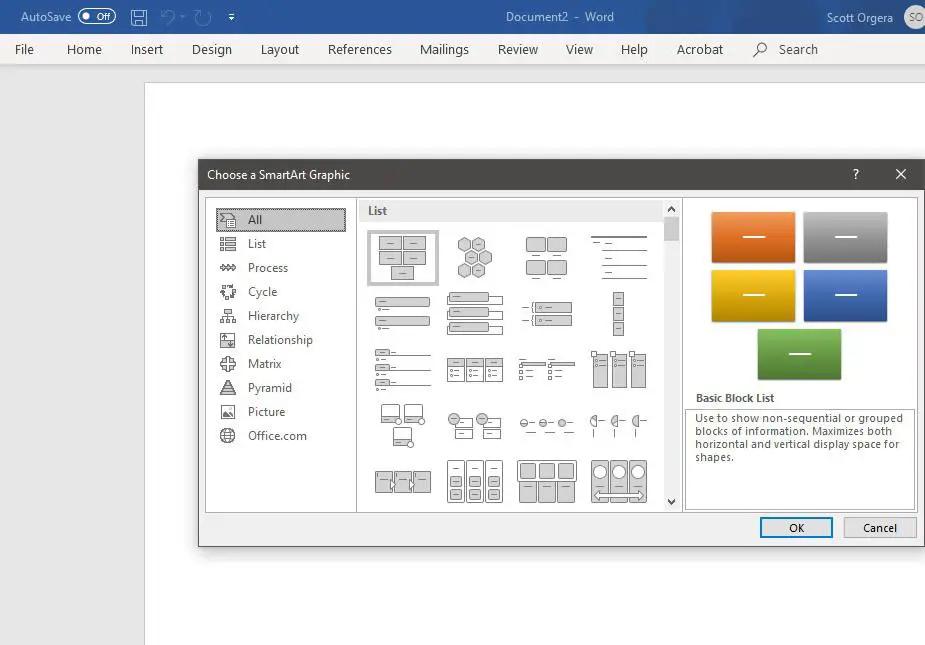 uma captura de tela da interface gráfica SmartArt no Word para Windows
