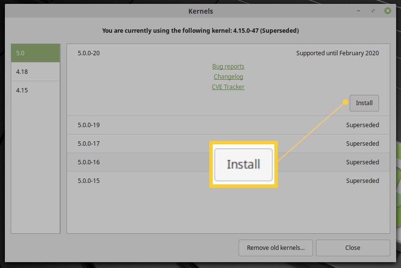 Captura de tela da instalação de um kernel mais recente no Linux Mint.