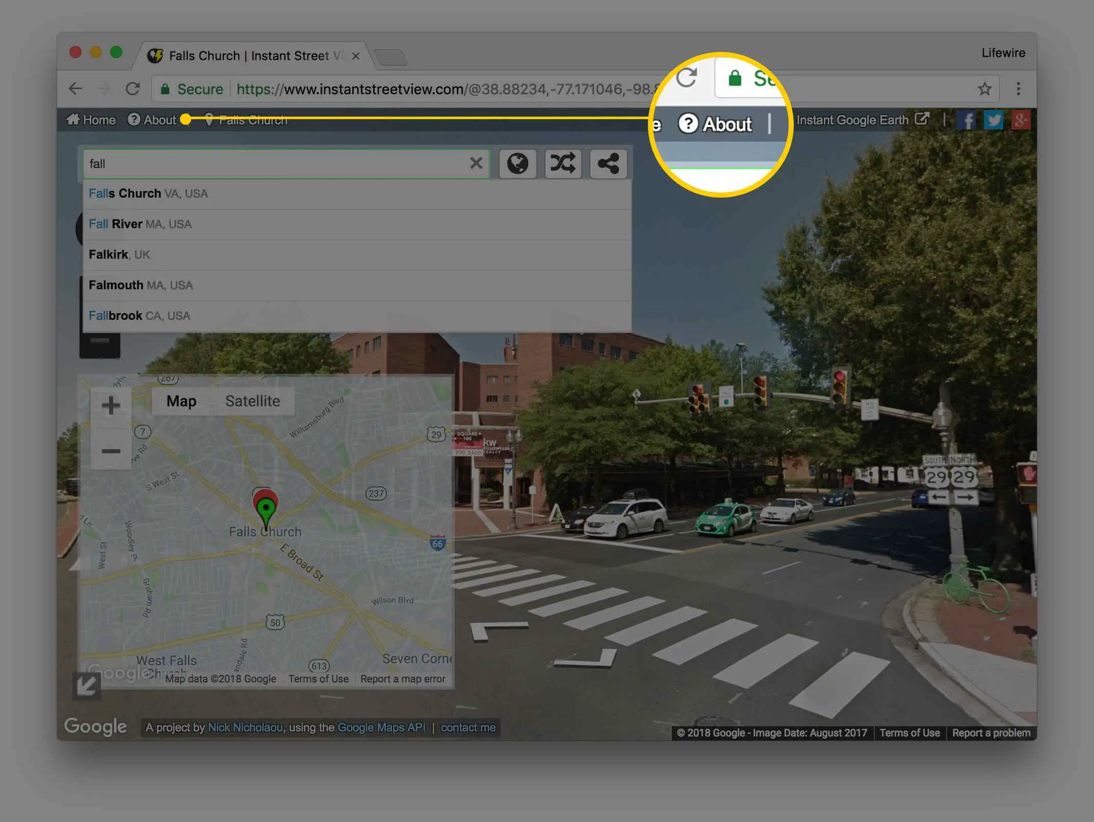 Captura de tela do Streetview instantâneo no navegador Chrome com foco no botão Sobre.