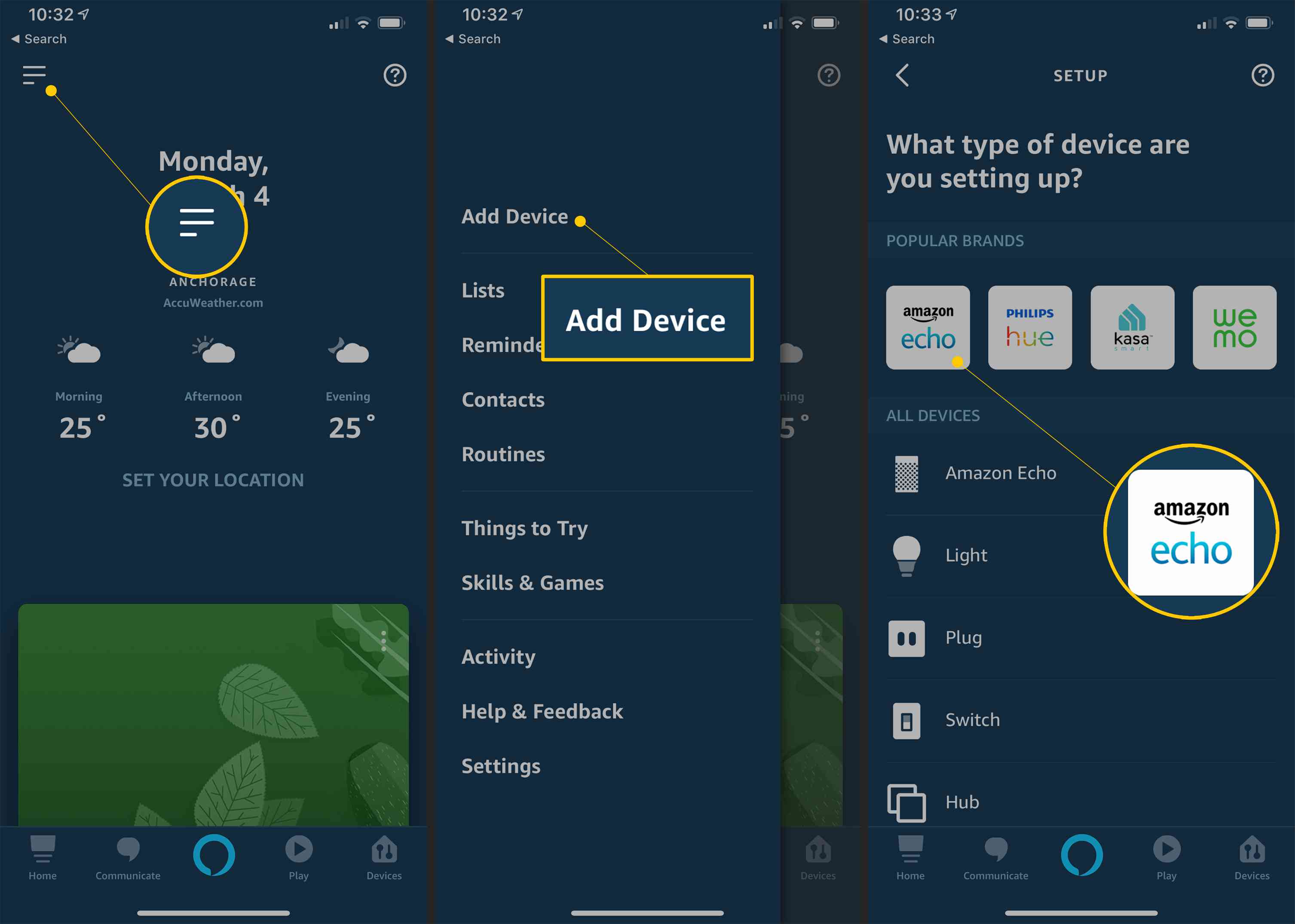 Ícone de menu, botão Adicionar dispositivo e botão Amazon Echo no aplicativo de configuração Alexa