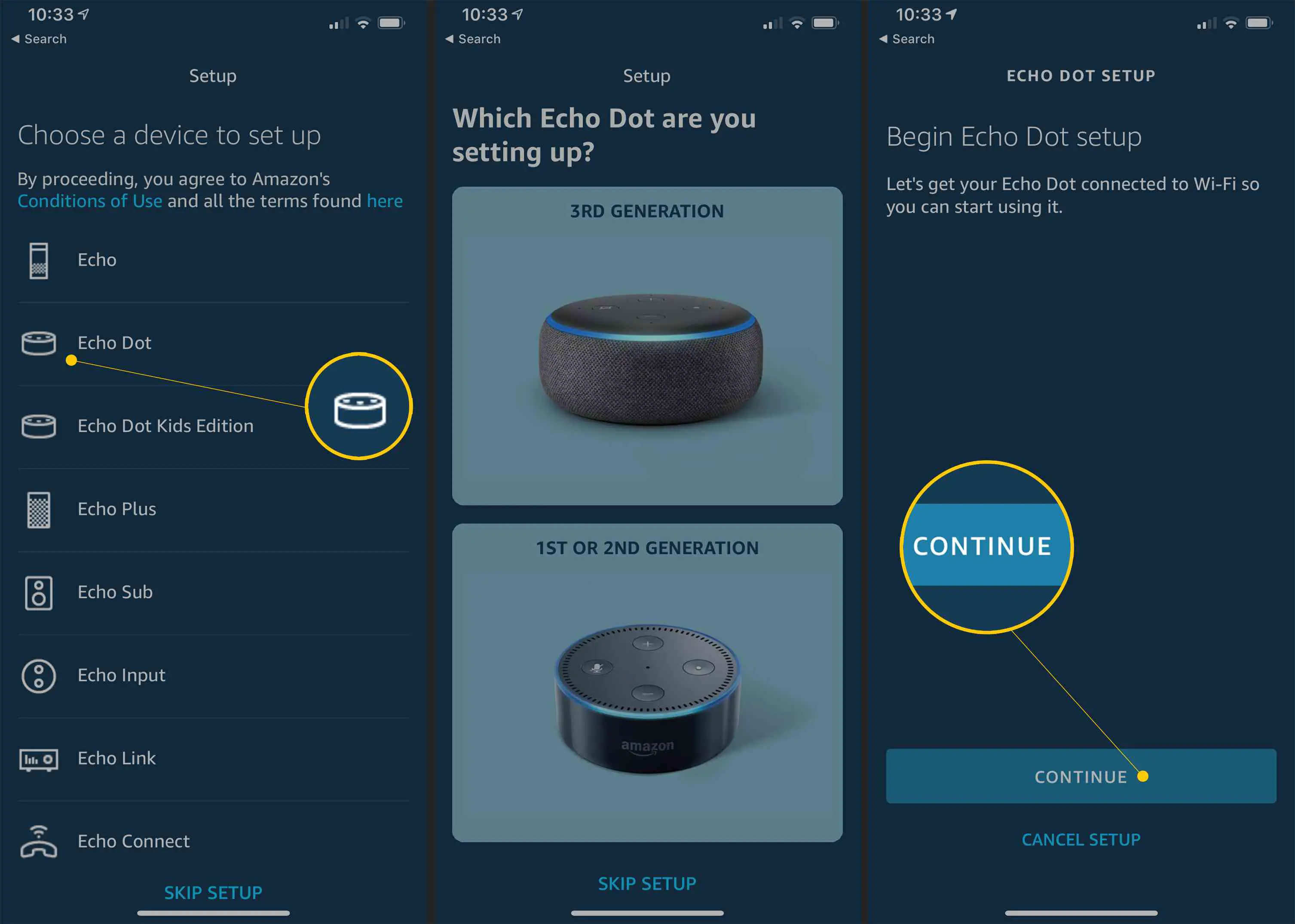 Echo Dot, tela do seletor de dispositivo e botão Continuar no aplicativo de configuração Alexa