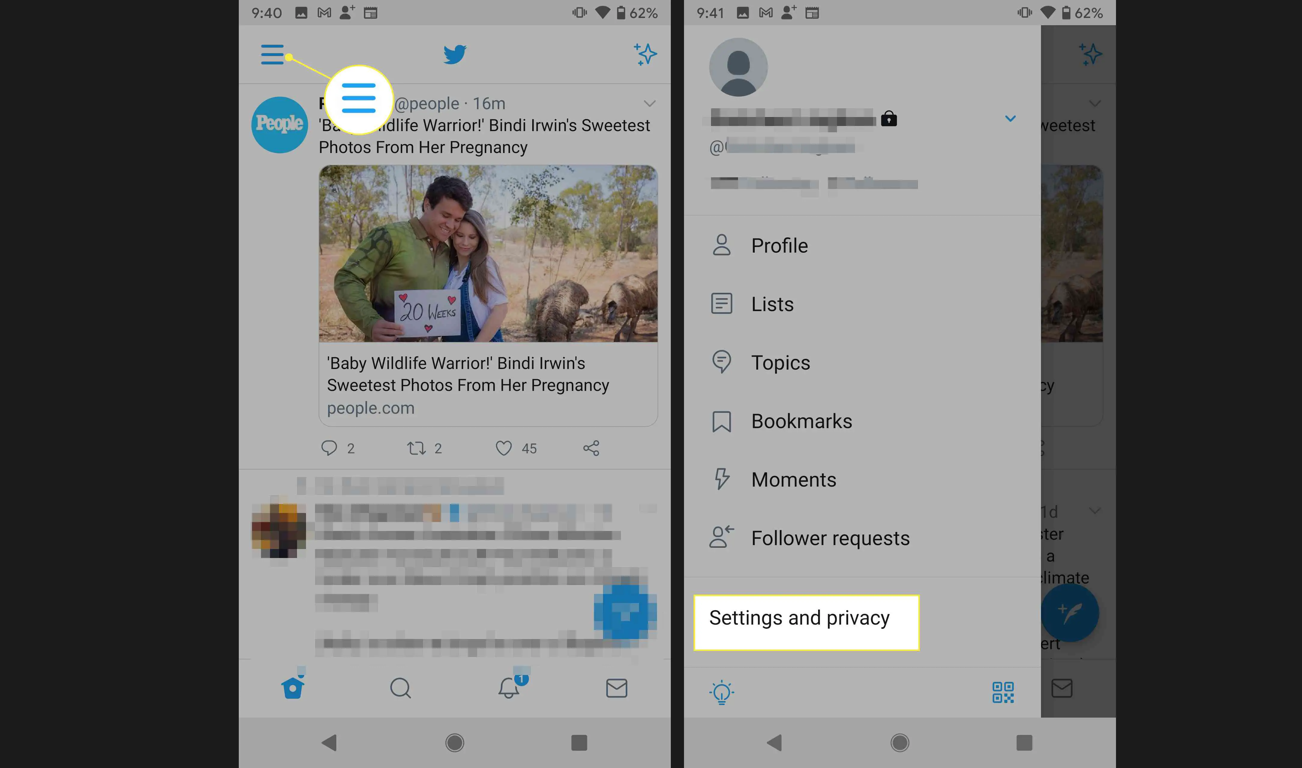 Aplicativo do Twitter para Android com conta, configurações e privacidade destacadas