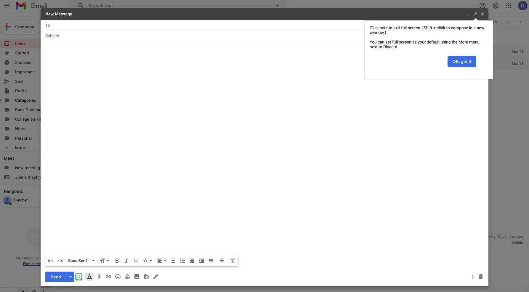 Gmail com janela de nova mensagem em tela inteira exibida