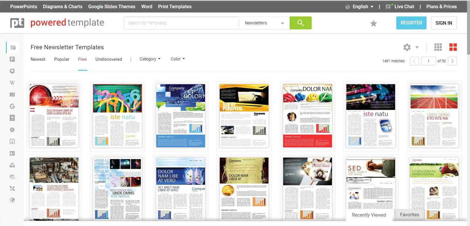 Página da Web com modelo avançado exibindo modelos de boletins informativos.