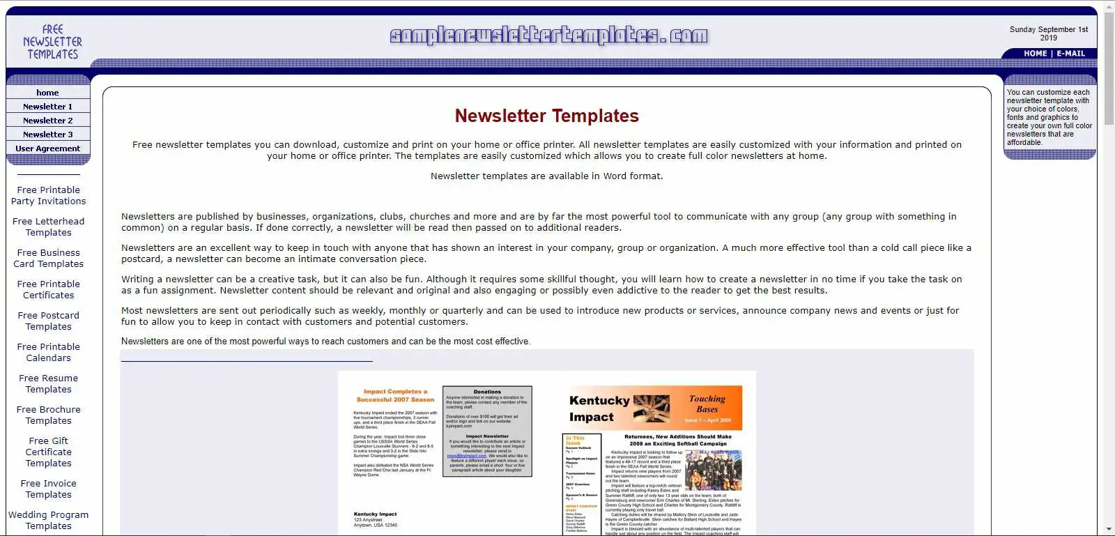Página da Web SampleNewsletterTemplates exibindo modelos de boletins informativos.