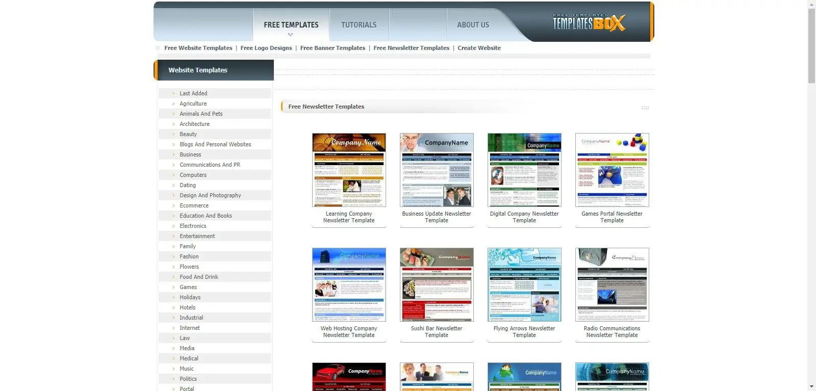 Página da Web da caixa de modelos exibindo modelos de boletins informativos.