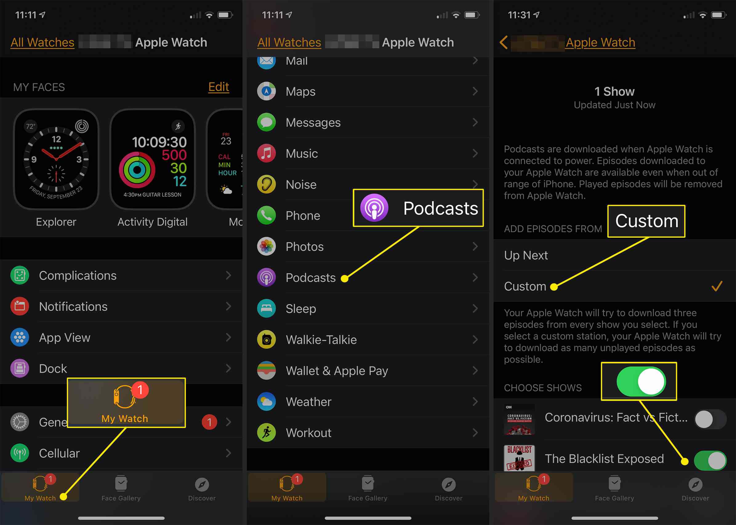 Aplicativo iPhone Watch mostrando opções de podcast