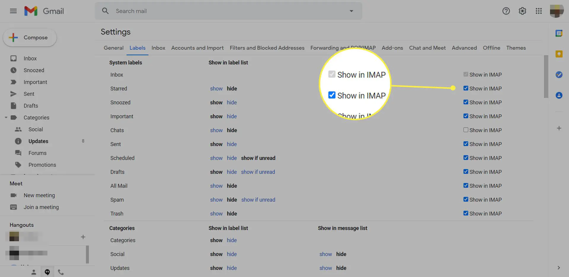 Configurações de rótulos do Gmail com 'Mostrar no IMAP' realçado