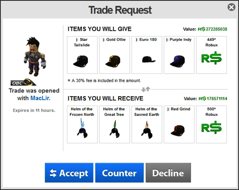 Uma captura de tela do Roblox Marketplace.
