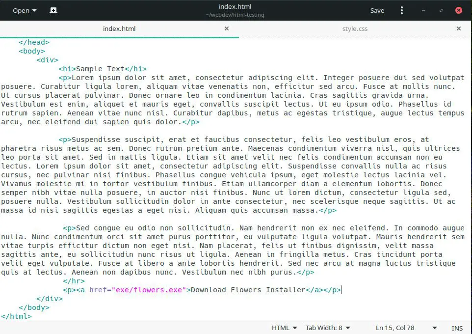 HTML da página de amostra do arquivo EXE