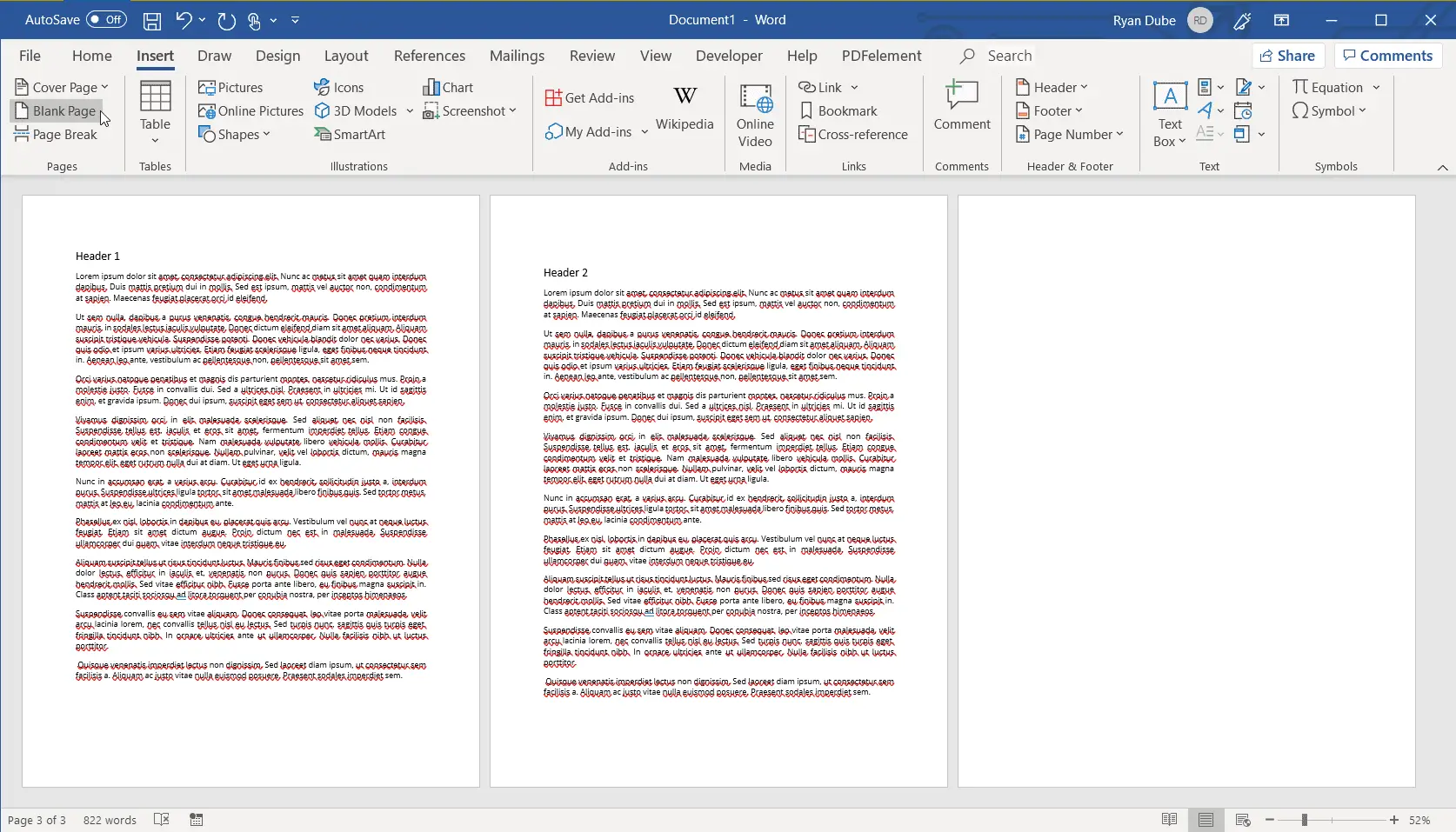 Captura de tela da adição de uma página em branco a um documento do Word