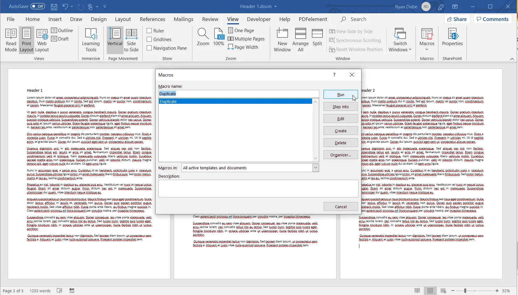 Captura de tela da execução de uma macro no Excel