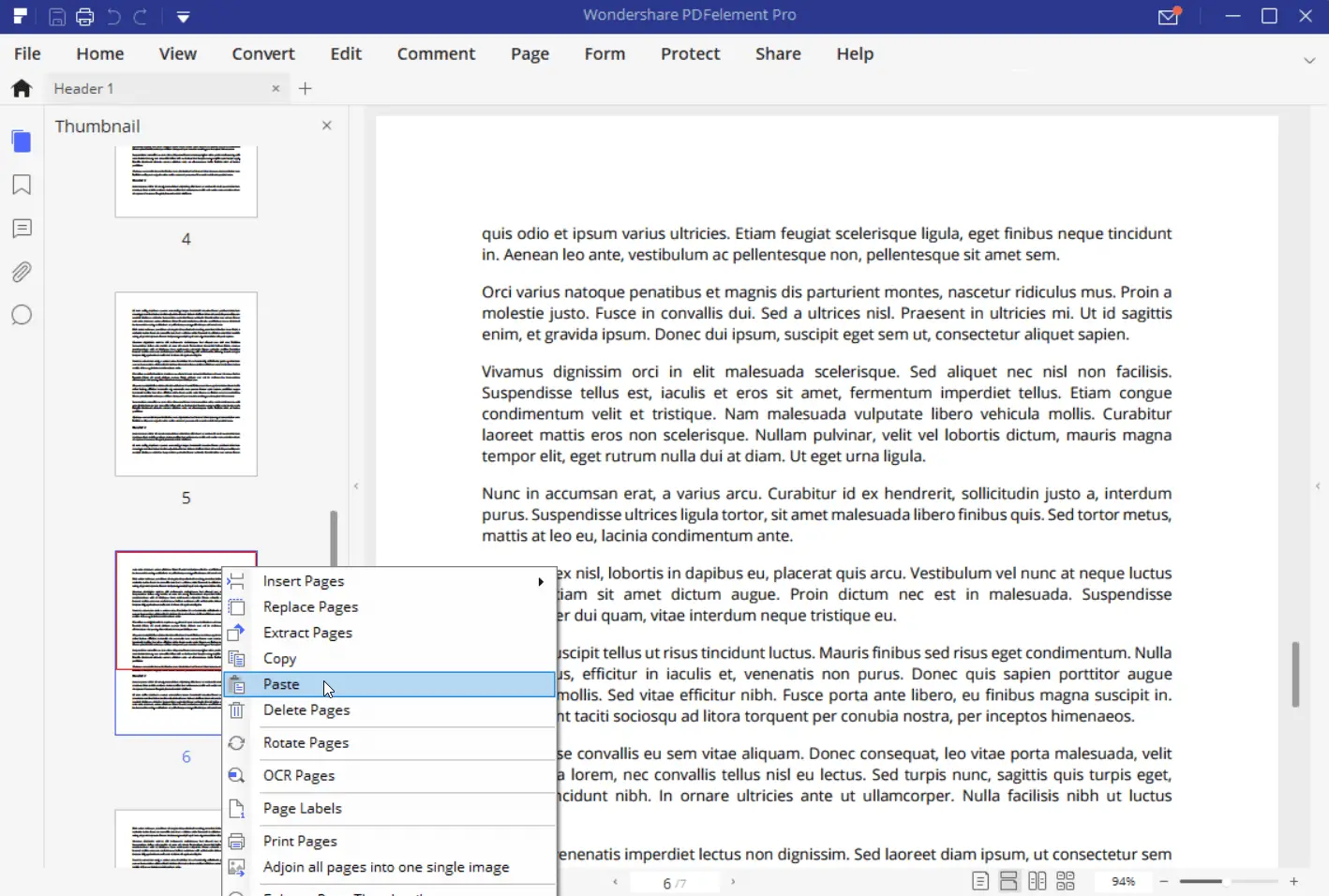 Captura de tela de como colar uma página em um documento PDF