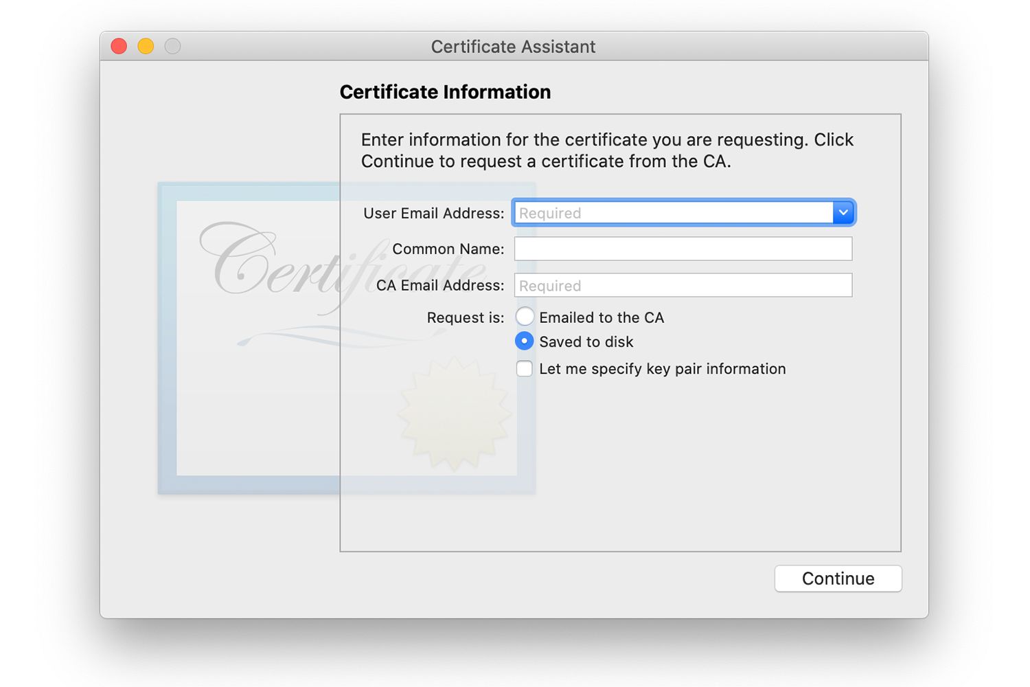 Assistente de certificado em um Mac