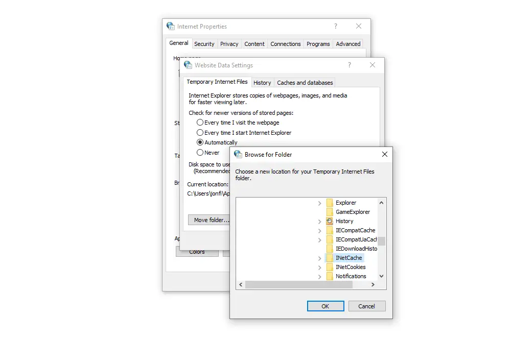 Pasta de arquivos temporários da Internet do Internet Explorer no Windows 10