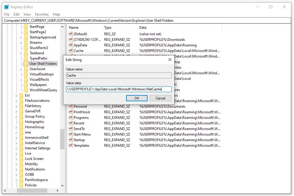 Entrada de registro de cache de pastas do shell do usuário no Windows 10