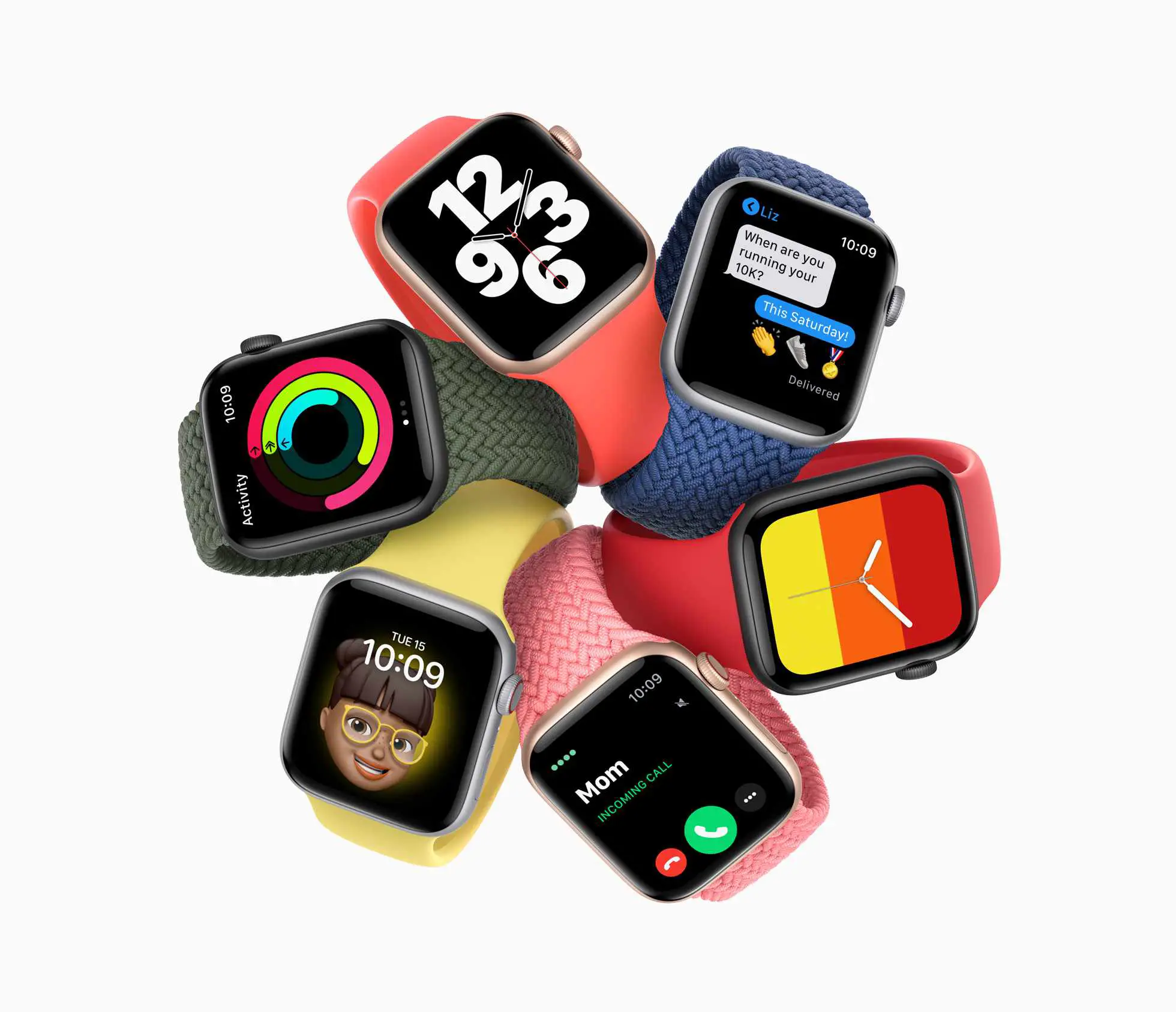 Modelos Apple Watch SE em cores diferentes.