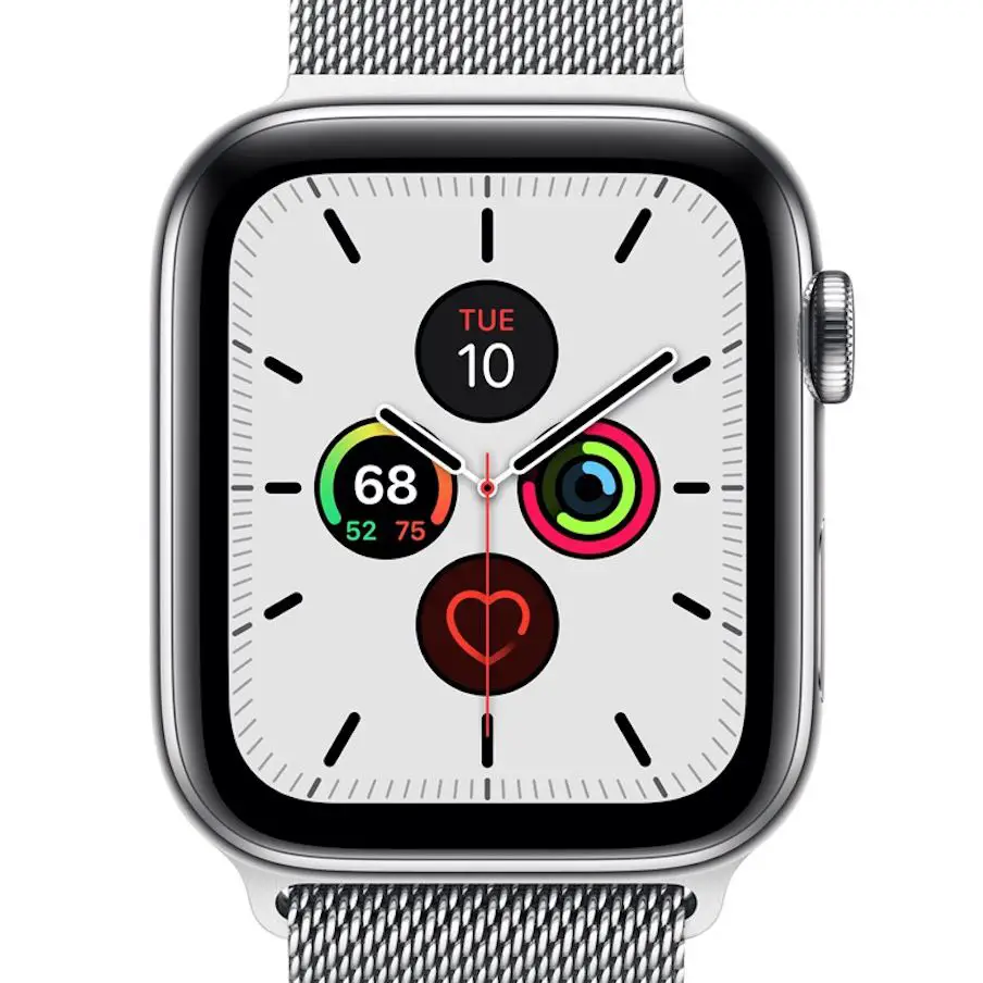 Apple Watch Series 5 em prata mostrando a tela inicial