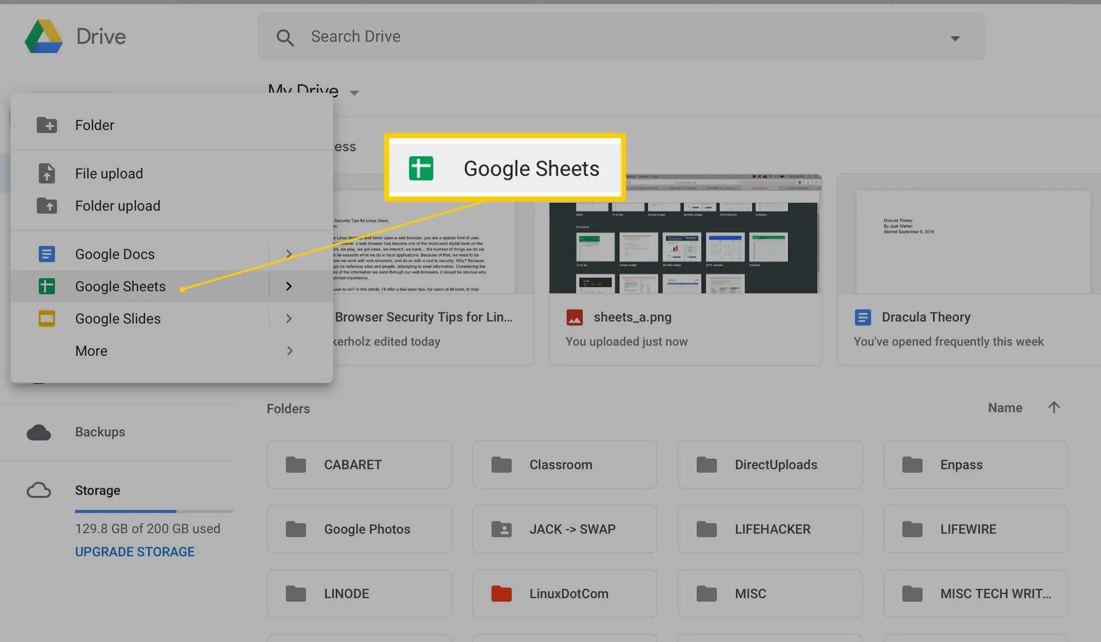 Novo item de menu do Planilhas Google no Google Drive