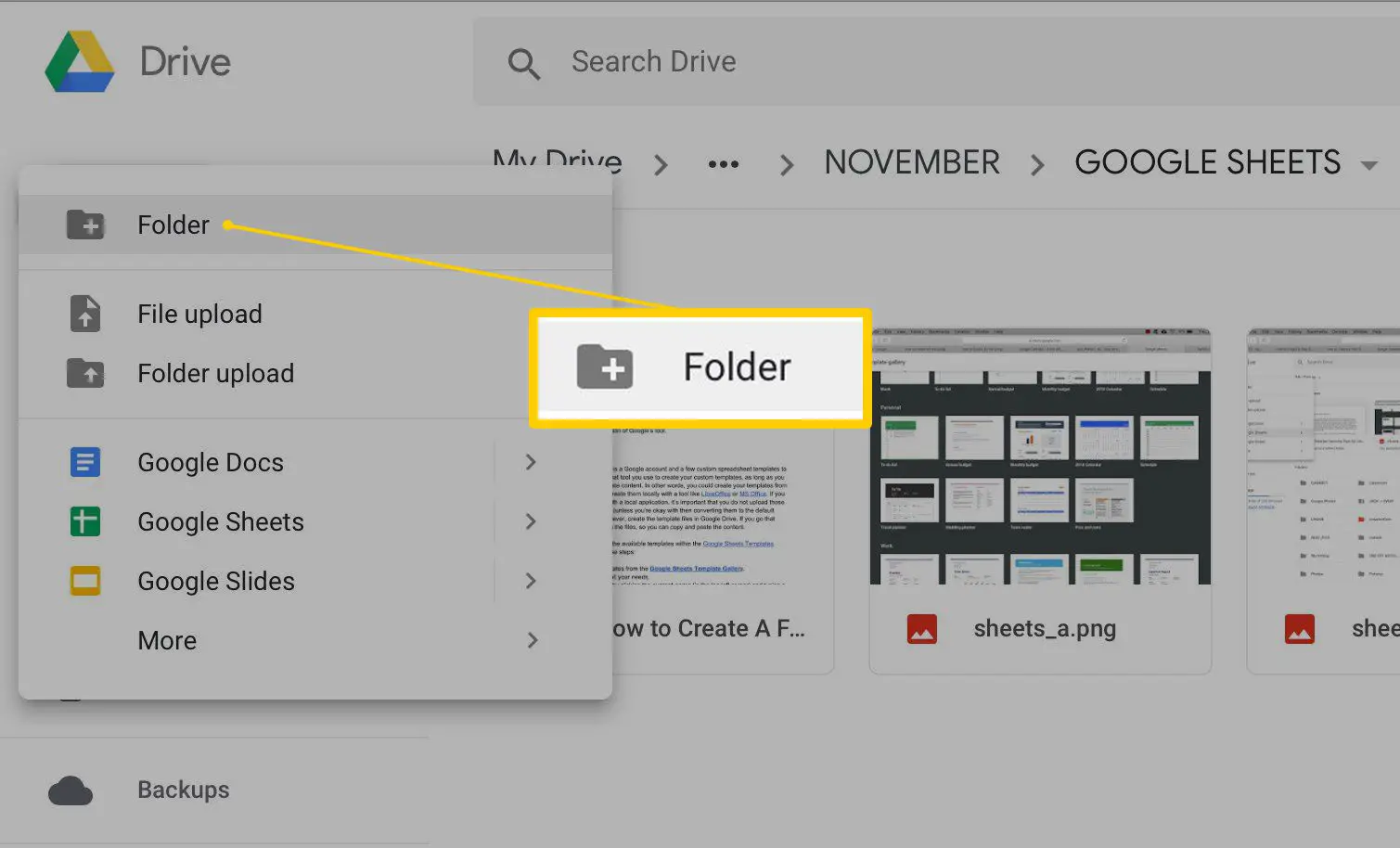 Novo item de menu da pasta no Google Drive