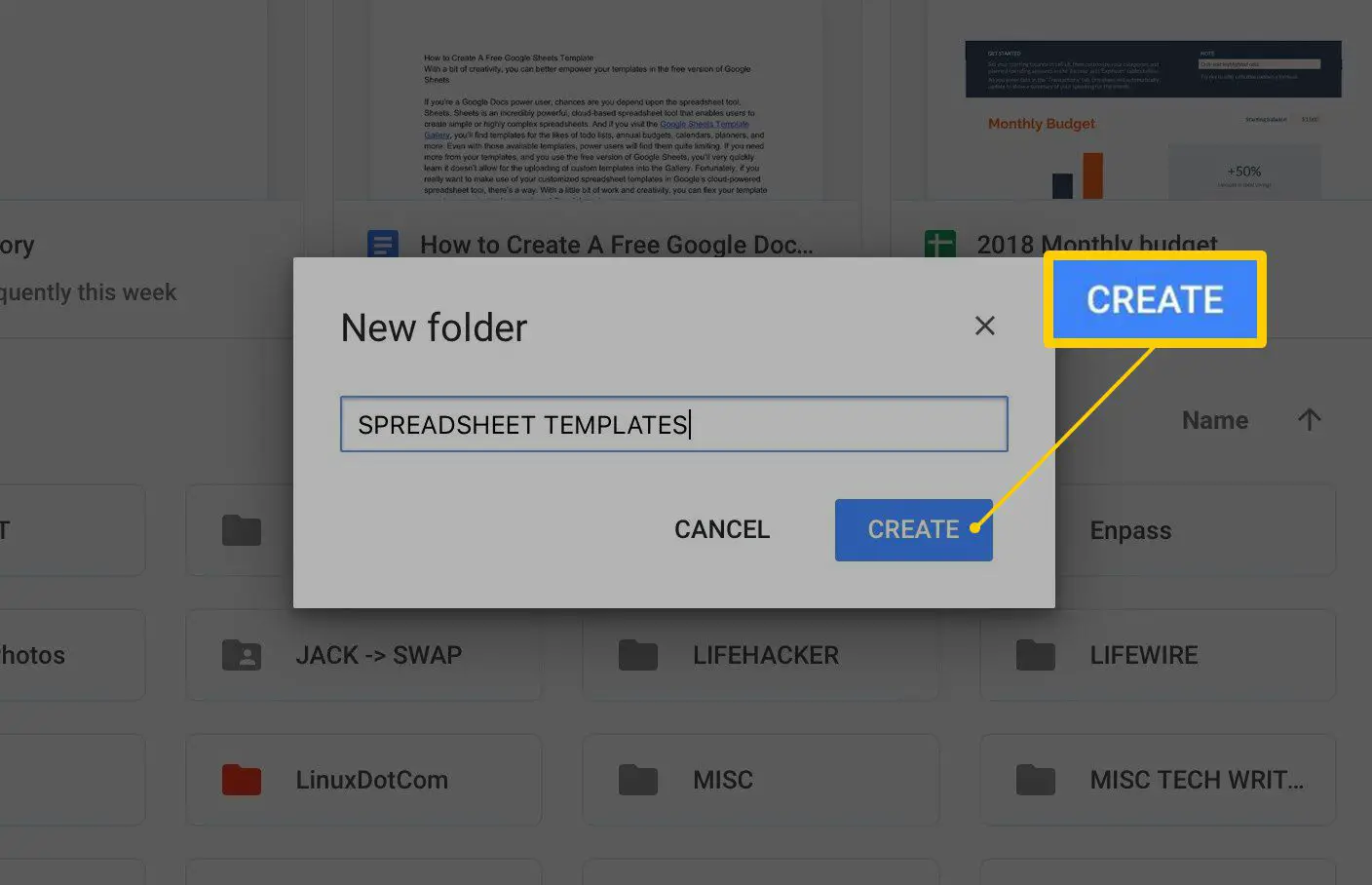 Botão Criar para nomear uma nova pasta no Google Drive