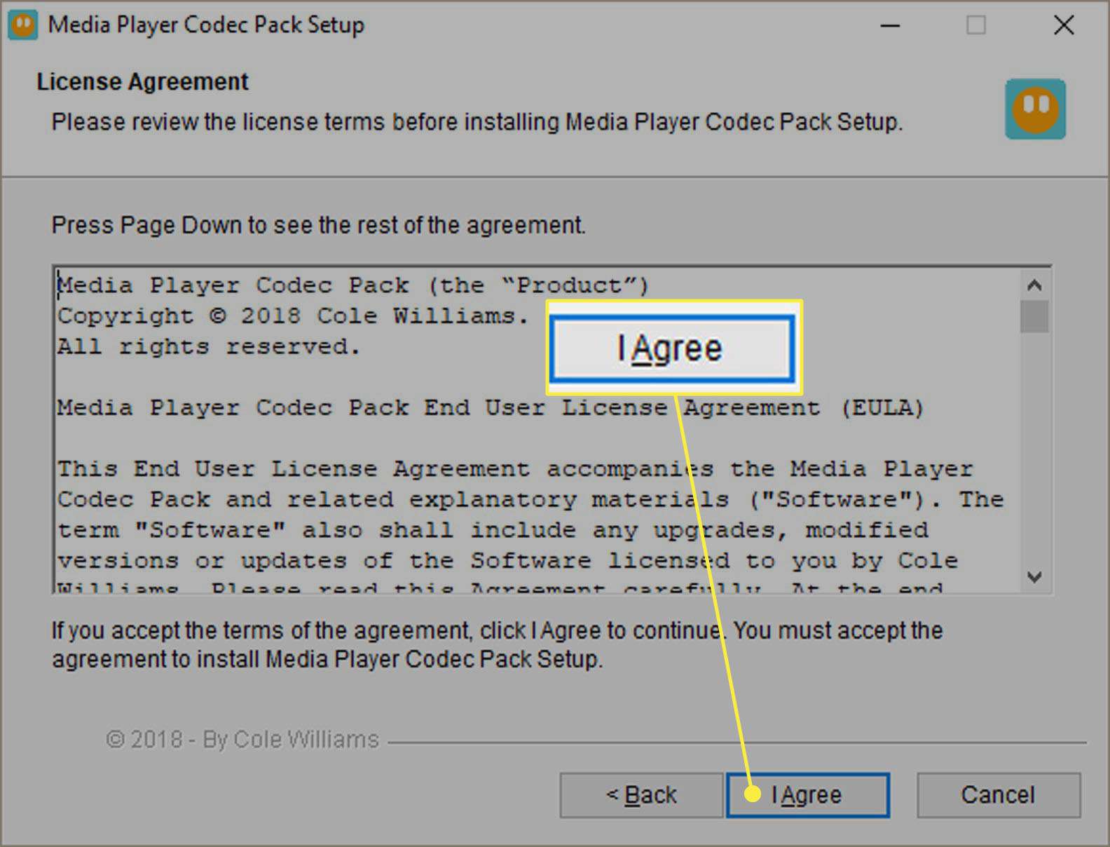 Tela de configuração do Media Player Codec Pack - Contrato de licença