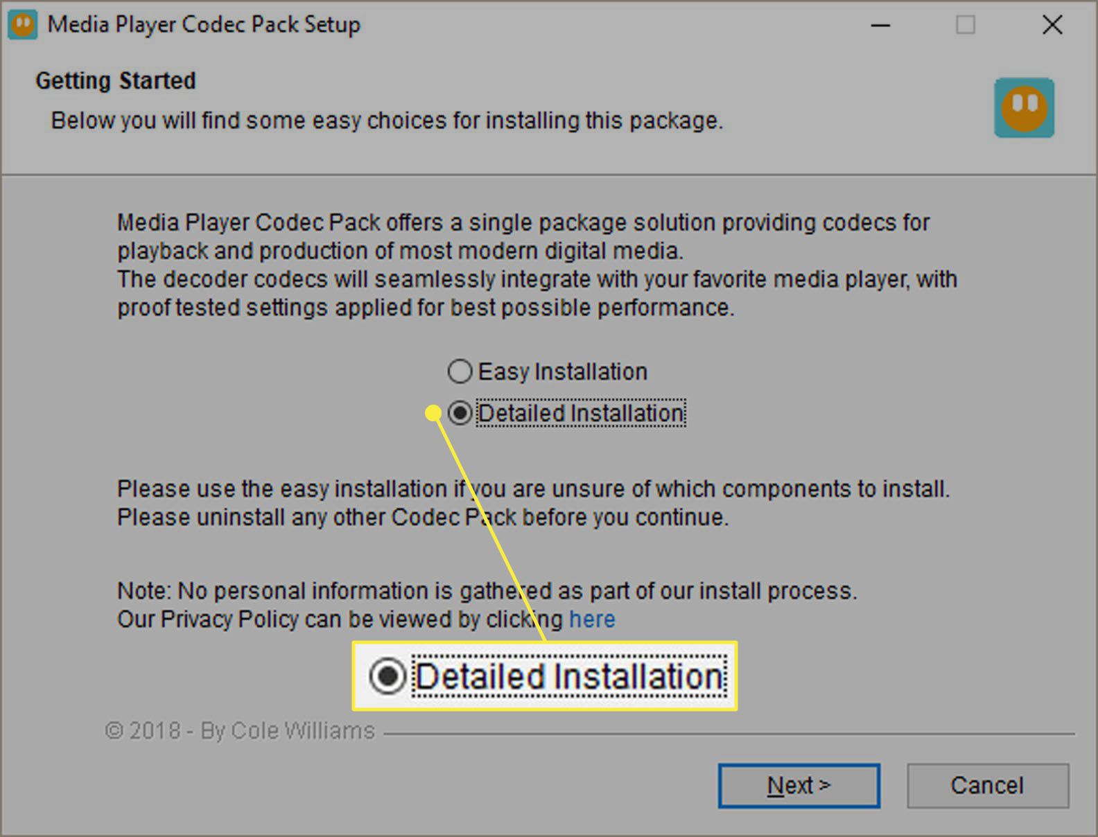 Tela de configuração do Media Player Codec Pack