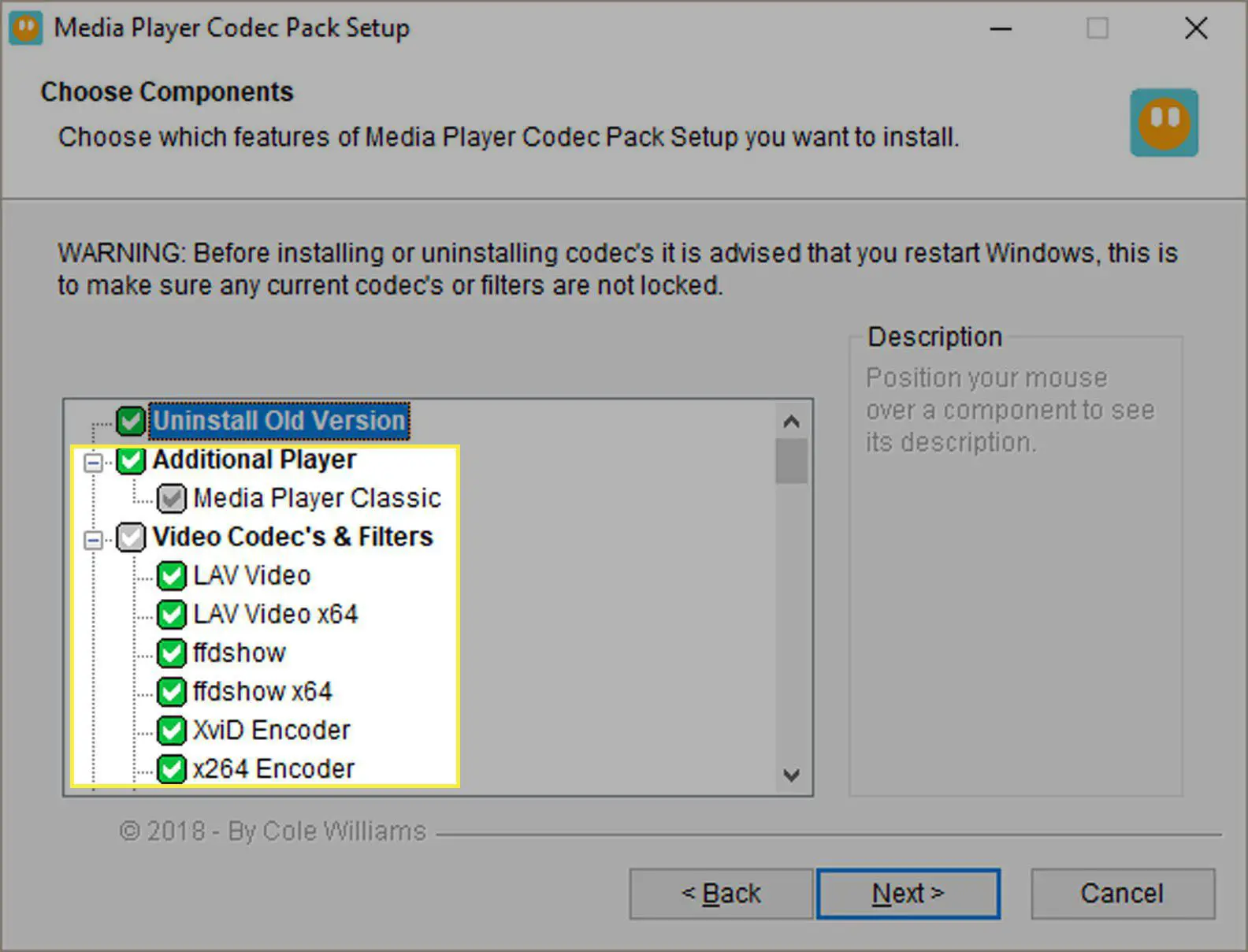 Configuração do Media Player Codec Pack na tela Escolher componentes