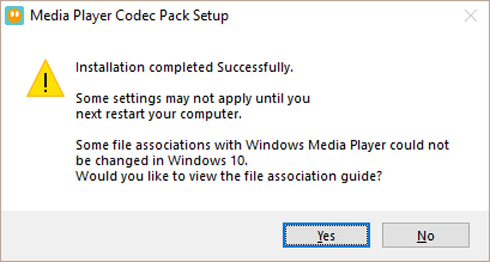 Mensagem de instalação bem-sucedida da configuração do Media Player Codec Pack