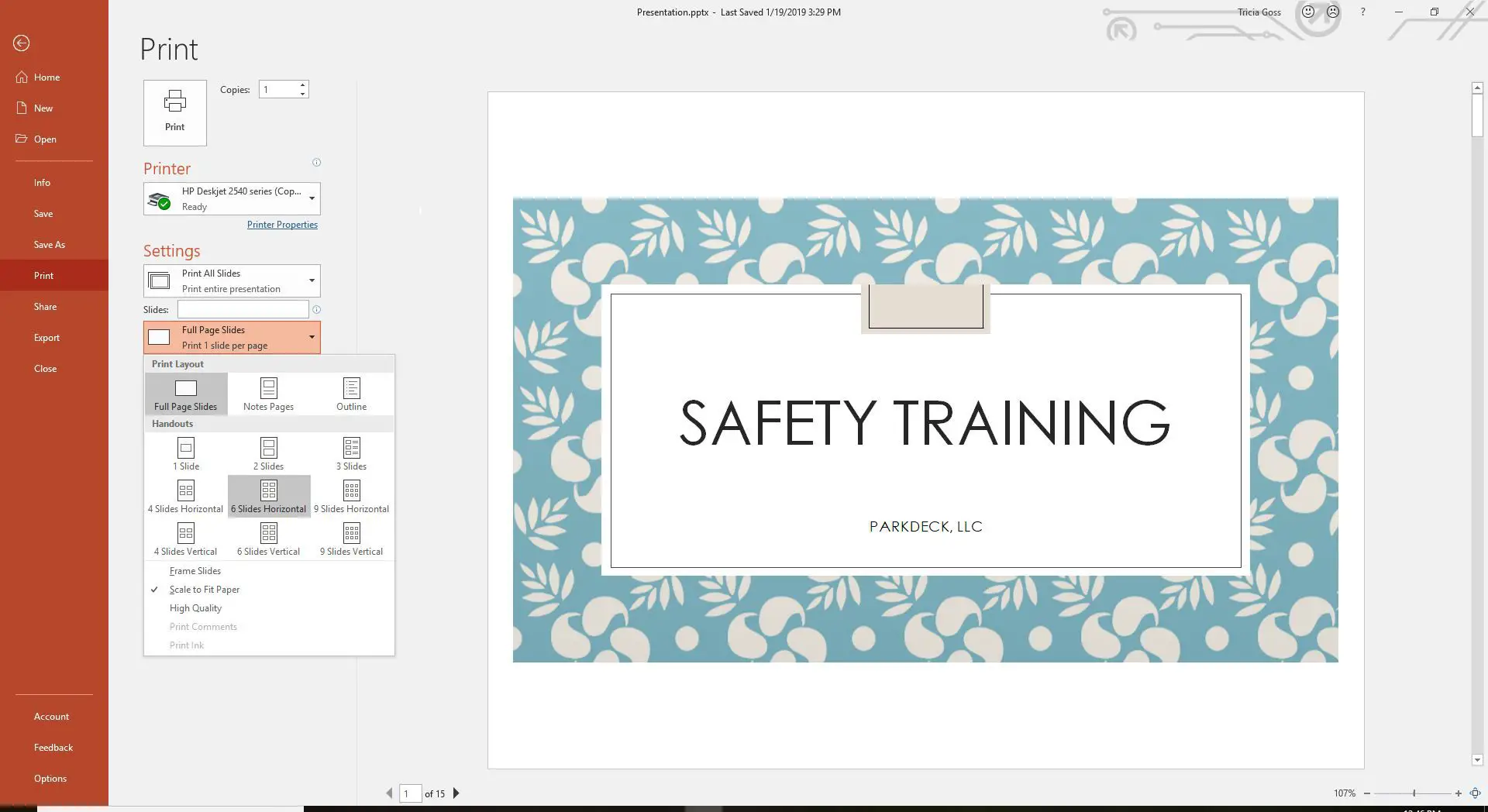Capturas de tela da opção Folhetos nas configurações de impressão do PowerPoint