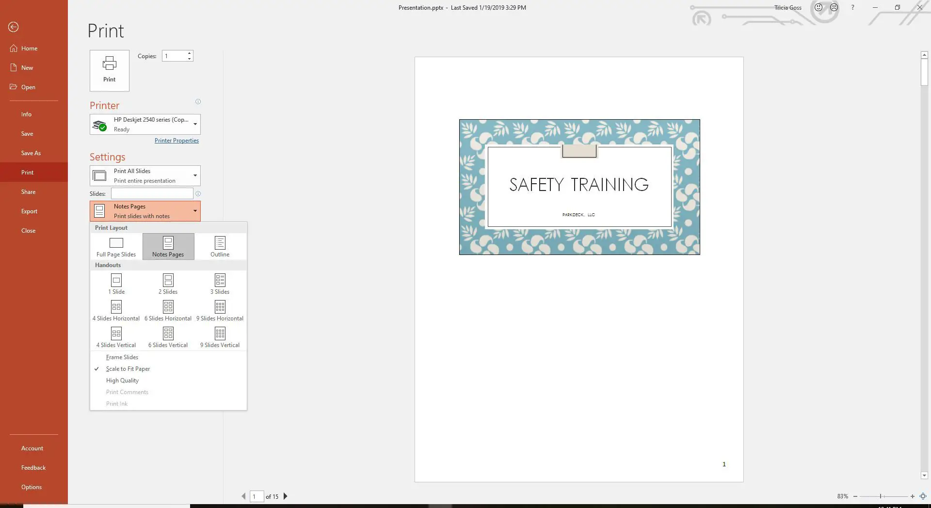 Captura de tela mostrando a opção Notes Pages no PowerPoint