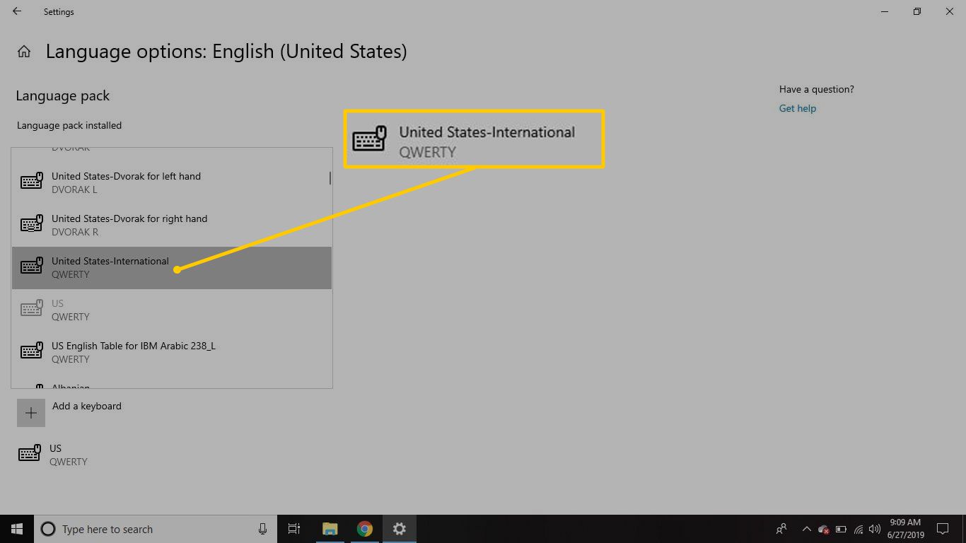 Seleção de teclado Estados Unidos-Internacional para Windows