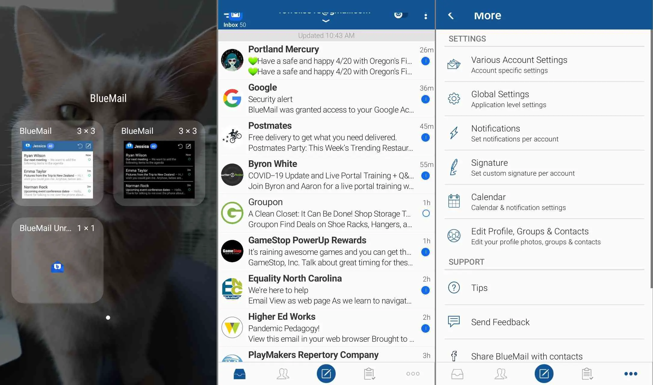 Widget e configurações do Blue Mail para Android