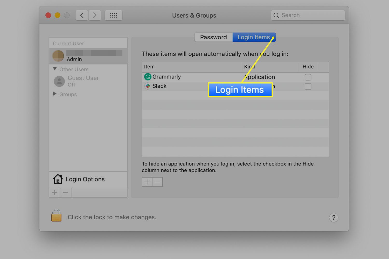 Guia de itens de login selecionada na tela de preferências de usuários e grupos do Mac