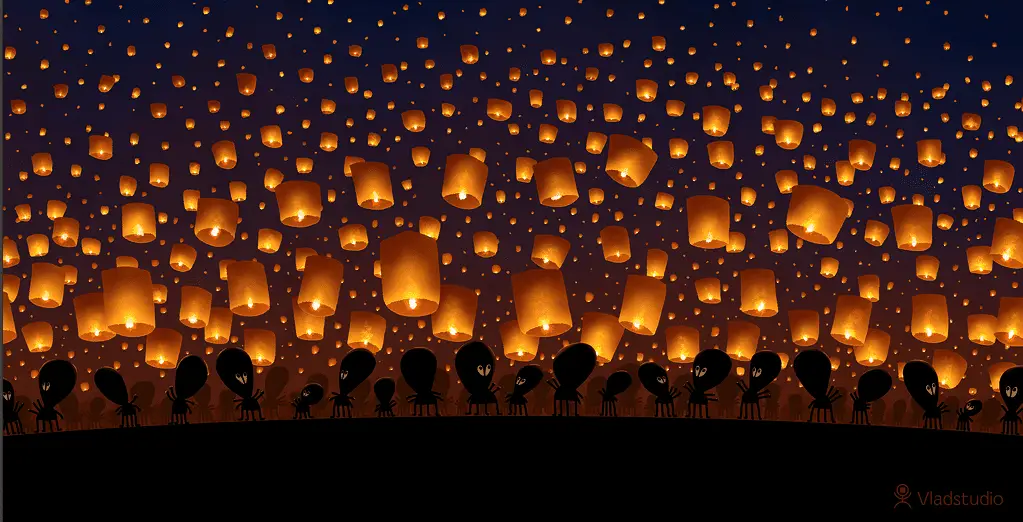 Ilustração do papel de parede widescreen de lâmpadas acesas flutuando para o céu noturno do Vlad Studio
