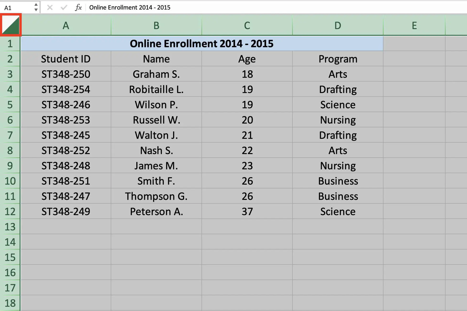 Captura de tela do Excel mostrando como selecionar todas as células em uma planilha