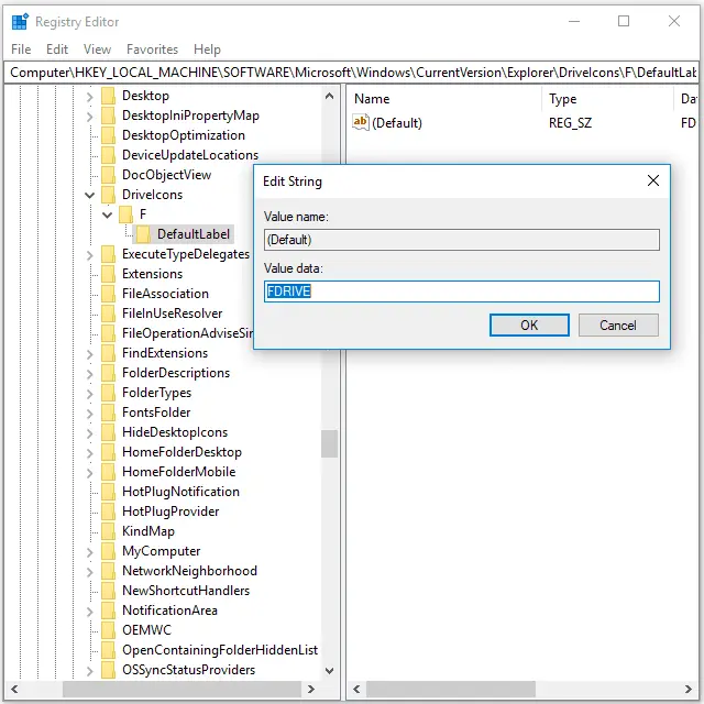 opção de rótulo de volume no Registro do Windows no Windows 10