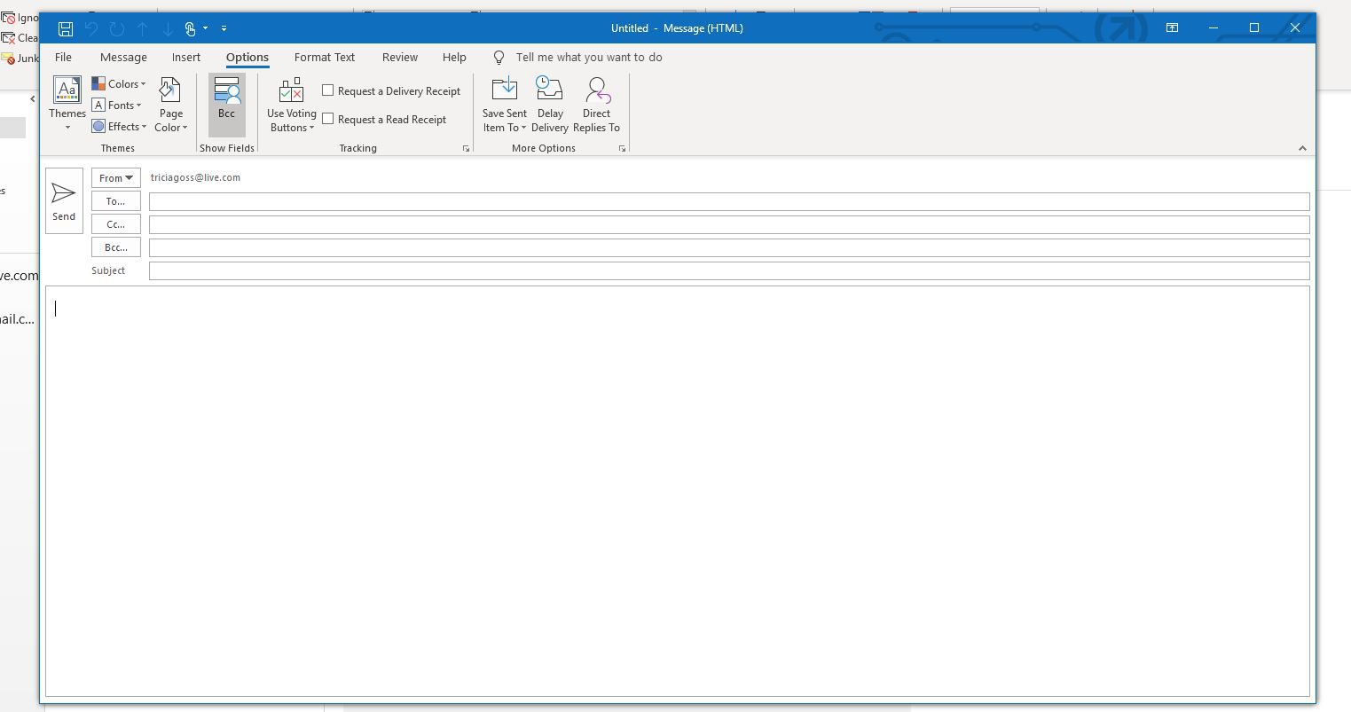 Captura de tela da guia Opções na janela da mensagem de e-mail