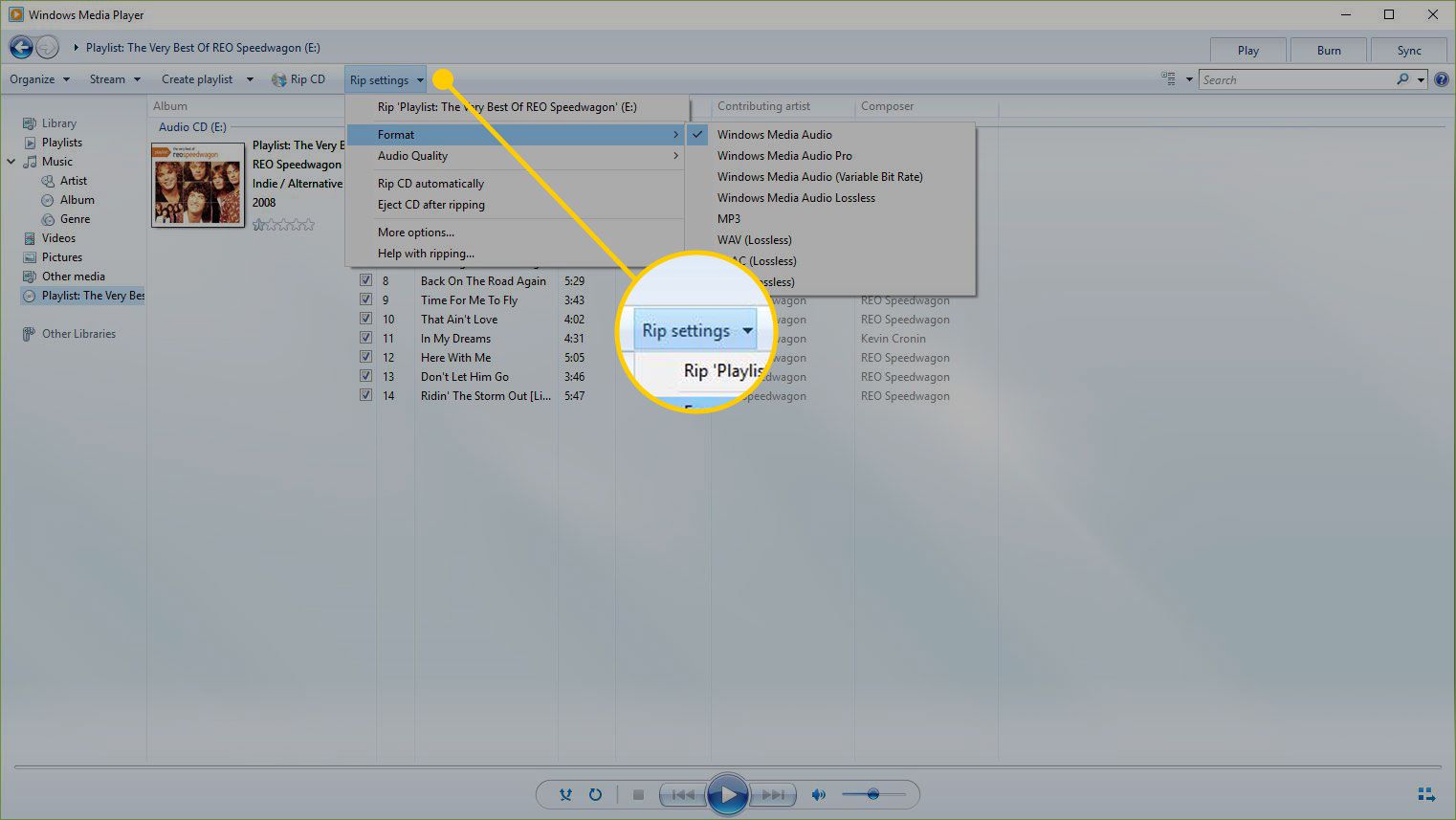 Windows Media Player com o menu Rip Settings destacado