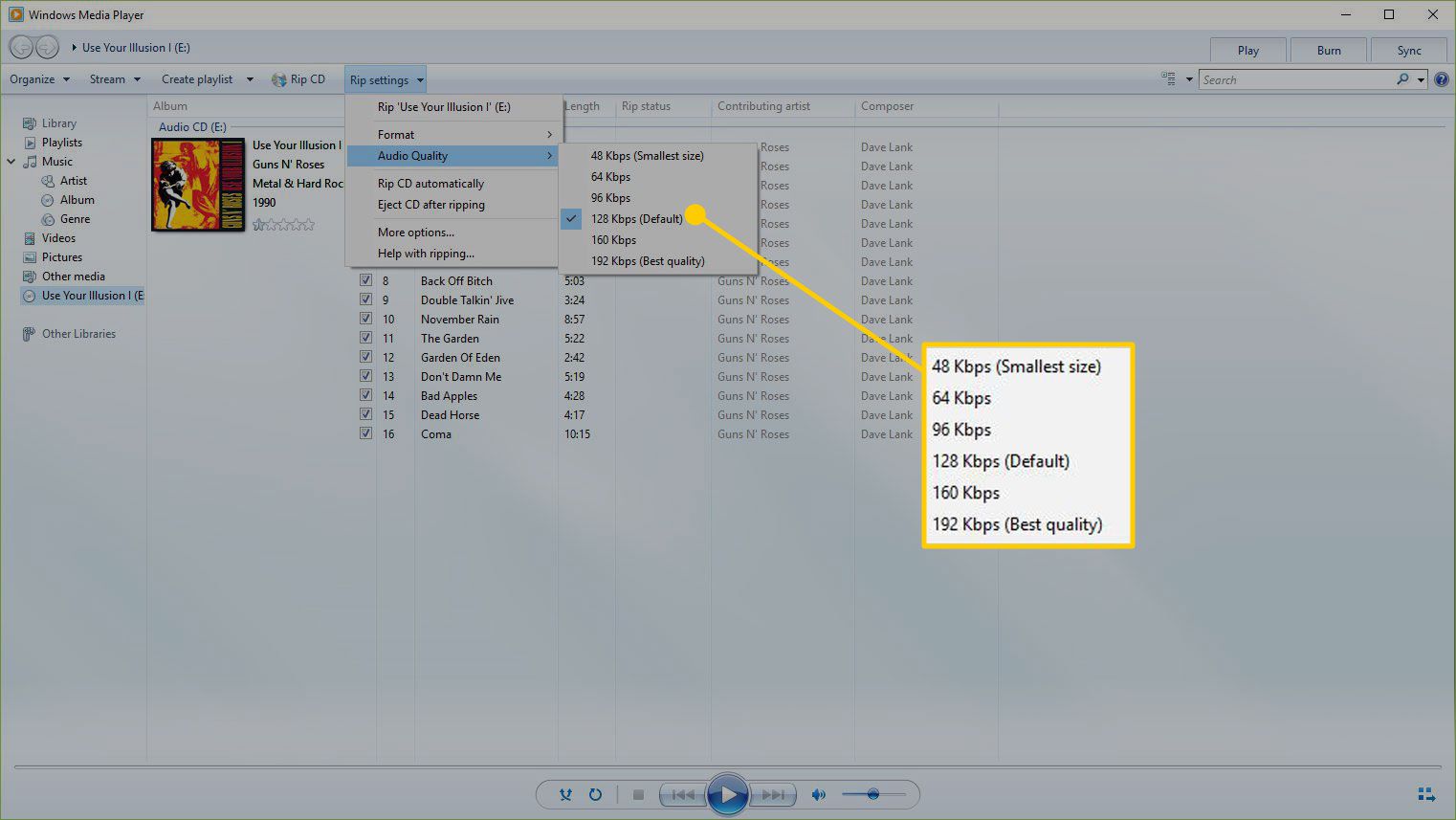 Rip Settings menu no Windows Media Player com as opções de qualidade destacadas