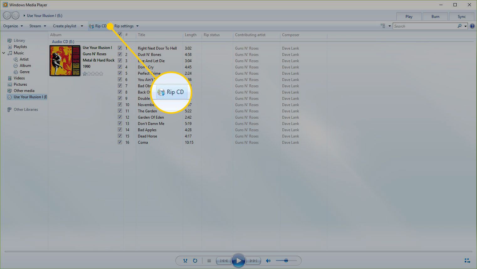Windows Media Player com o botão Rip CD destacado
