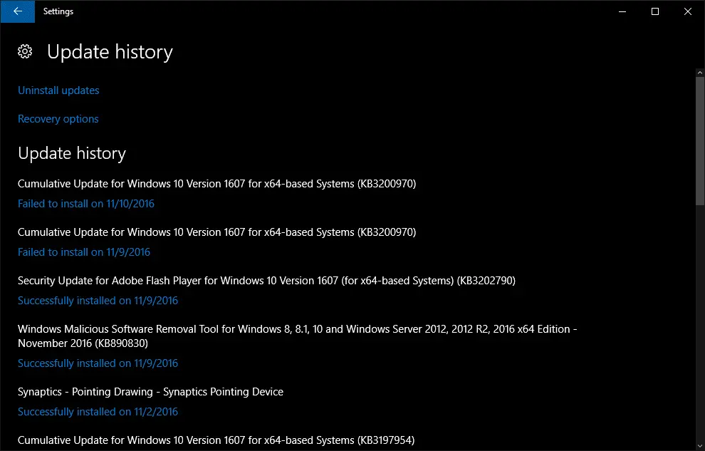 Histórico de atualização do Windows 10