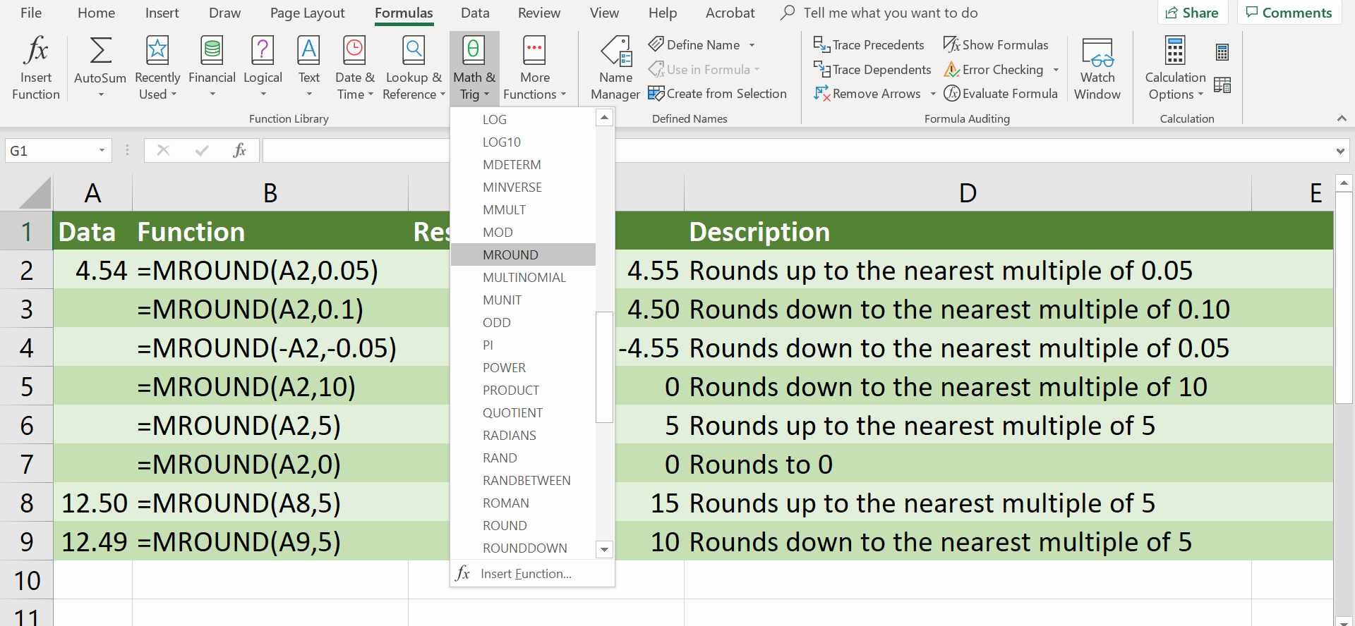 Uma captura de tela do menu suspenso Math & Trig Formula do Excel com MROUND selecionado.