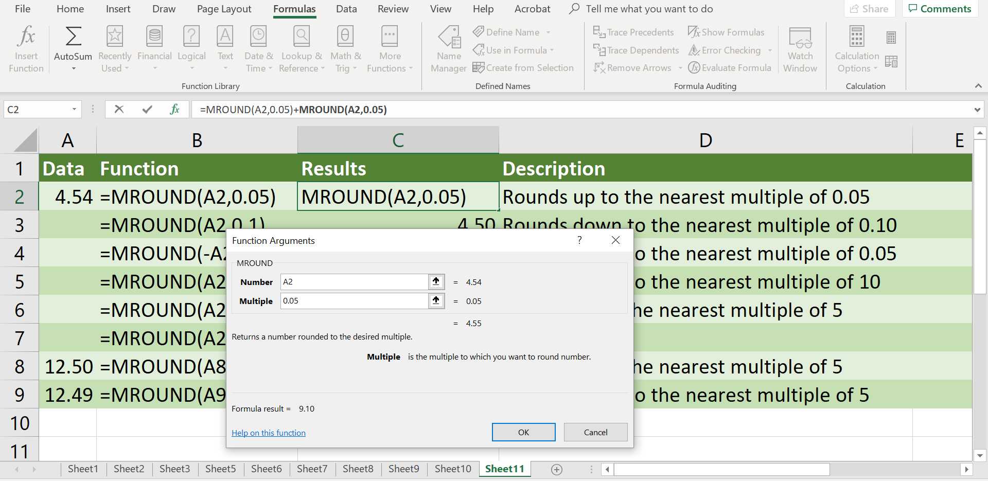 Uma captura de tela da caixa de diálogo da função MROUND do Excel.